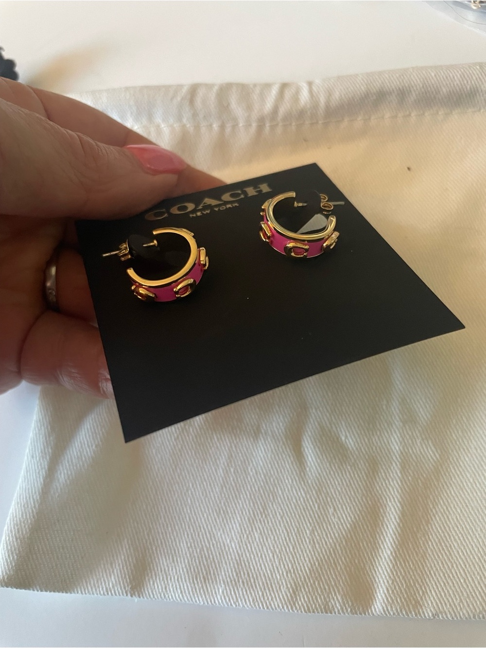 Coach Gold-Tone Mini Hoop Earrings with Pink Enamel Accents